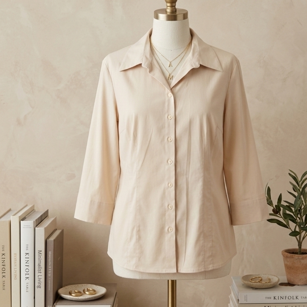 Cleo XL Beige Button Down Blouse 3/4 Sleeve Stretch Neutral Quiet Luxury Office